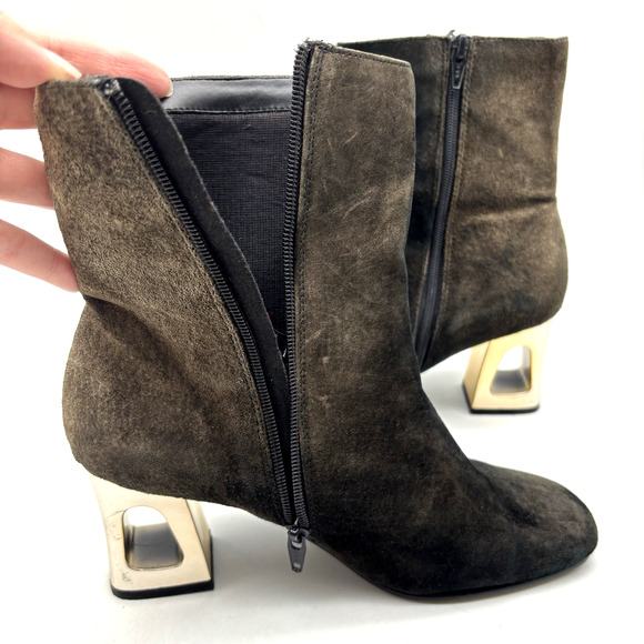 Vintage 80s Classique Black Brown Ombre Suede Cut-out Block Heel Zip Boot 8M - Picture 10 of 16